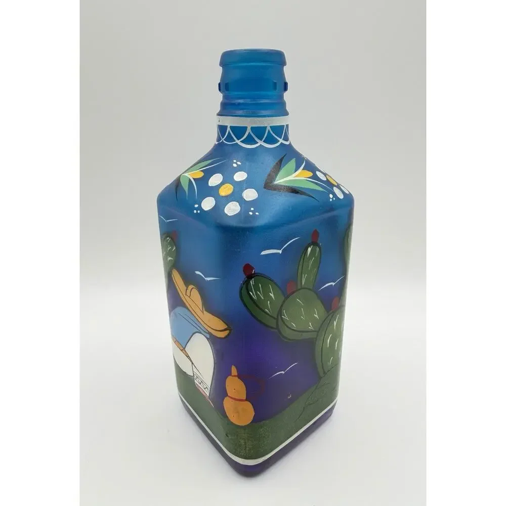 Blue Frosted Glass Siesta Sleeping Man Bottle 10” Hand Painted Bar Decor Mexico